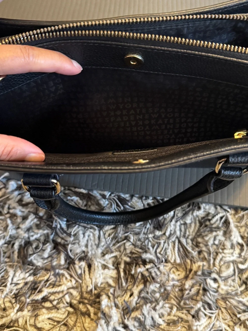 kate spade Black Leather Double-Compartment Satchel with Gold Hardware